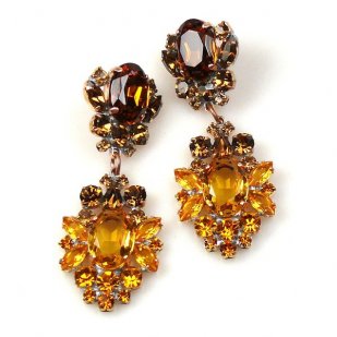 Aztec Sun Earrings Pierced ~ Amber and Dark Topaz