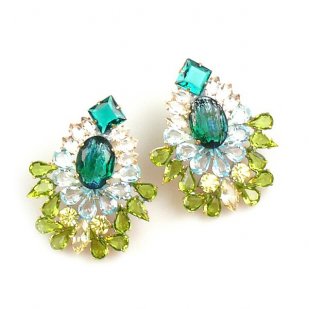 Elegancy Earrings with Clips ~ Emerald Olive Clear