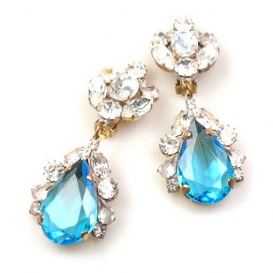 Fountain Clips-on Earrings ~ Clear Crystal Aqua