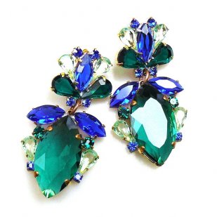 Floralie Earrings Pierced ~ Emerald with Blue