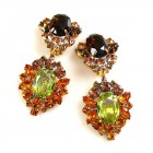Aztec Sun Earrings Clips ~ Topaz Tones with Silver Lime