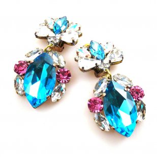 Floralie Earrings II Clips ~ Aqua Clear with Pink*