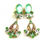 Tulip Earrings Pierced ~ Green with Clear Crystal