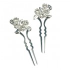 Zephyr Hair Pins Pair ~ Leafs and Flowers ~ Silver Plated
