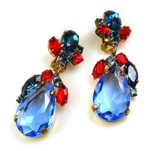 Fountain Clips-on Earrings ~ Saphire with Red and Montana