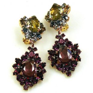 Aztec Sun Earrings Clips ~ Purple with Black Diamond