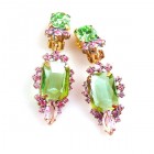 Allisa Earrings Clips ~ Green with Pink