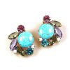 Empress Earrings Round Stone Clips ~ Violet Aqua Tones