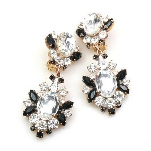 Aztec Sun Earrings Clips ~ Clear Crystal with Black