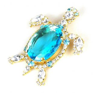 Turtle Brooch ~ Aqua with Clear Crystal