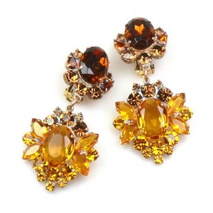 Aztec Sun Earrings Clips ~ Amber and Dark Topaz