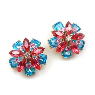 Crystal Blossom Earrings Pierced ~ Fuchsia Aqua