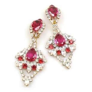 Glamour Drops Earrings Clips ~ Clear Crystal Fuchsia