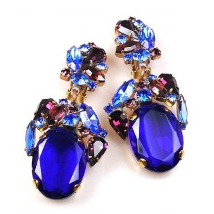Fiore Clips Earrings ~ Blue Ovals with Purple