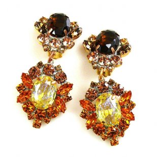 Aztec Sun Earrings Clips ~ Topaz Tones with Silver Yellow