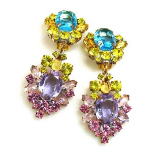 Aztec Sun Earrings Clips ~ Aqua Yellow Violet