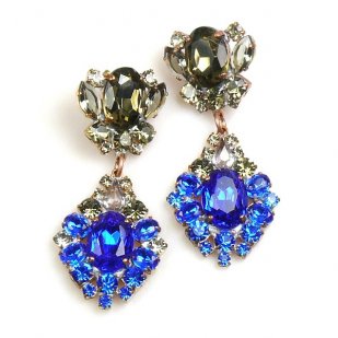 Aztec Sun Earrings Pierced ~ Blue with Black Diamond
