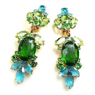 Iris Grande Clips Earrings ~ Silver Green Aqua