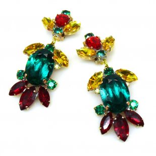 Iris Grande Clips Earrings ~ Extra Emerald with Red and Yellow*