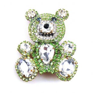 Teddy Bear Pin ~ Clear Crystal and Green