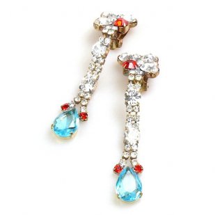 Venice Earrings with Clips ~ Clear Crystal with Aqua*