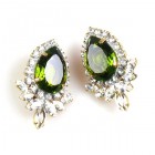 Paris Charm Clips Earrings ~ Crystal with Olive Green