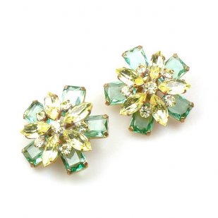 Crystal Blossom Earrings Clips ~ Yellow Green