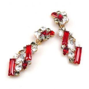 Ffion Earrings Clips-on ~ Ruby Red and Clear Crystal