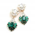Aztec Sun Earrings Clips ~ Emerald Clear Crystal