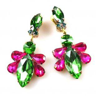 Carmen Earrings Clips ~ Green with Fuchsia*