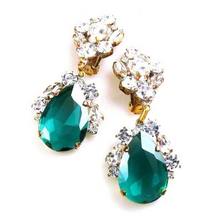Fountain Clips-on Earrings ~ Clear Crystal Emerald