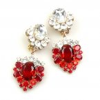 Aztec Sun Earrings Clips ~ Red with Clear Crystal