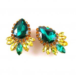 Paris Charm Earrings Clips ~ Emerald with Yellow*