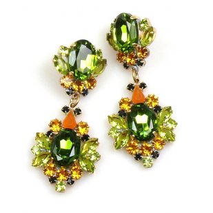 Aztec Sun Earrings Pierced ~ Olive Green with Topaz