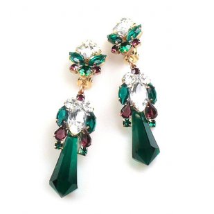 Theia Earrings Clips ~ Emerald Clear Purple